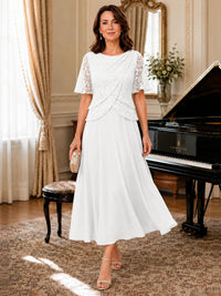 Tea-Length Chiffon Mother of the Bride Dress with Sequin Lace Sleeves
