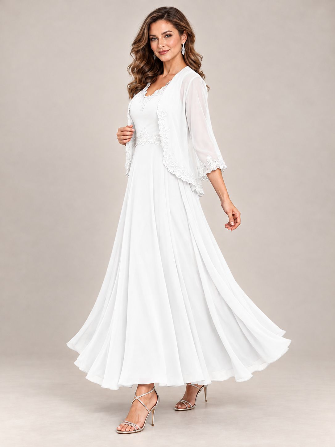 Dusty Blue Floral Lace Chiffon Mother of the Bride Dress with Jacket