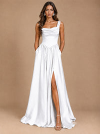 Cowl Neck Pleated Satin Prom Dress with Pockets & Slit Maxi Formal Gowns
