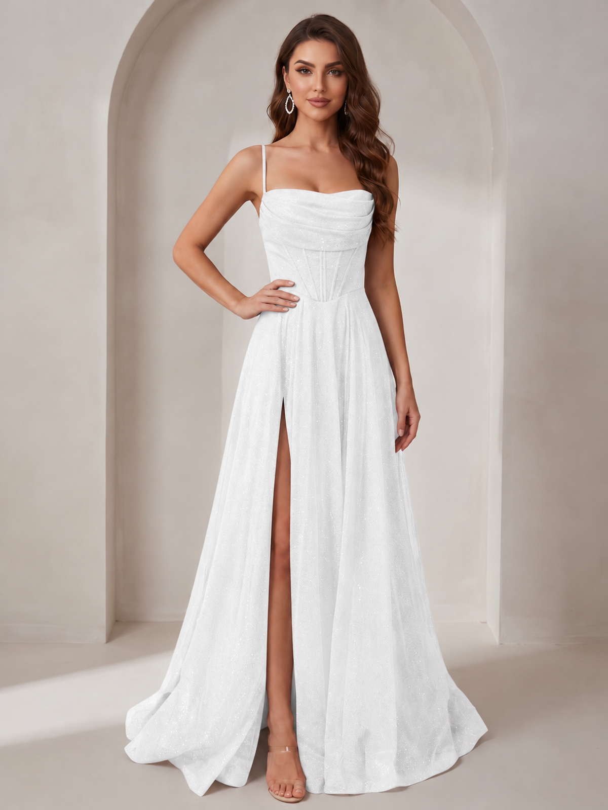 White Sparkly Cowl Neck Corset Long Prom Dress with Slit A-line Tulle Ball Gown Formal Evning Party Dress