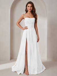 White Sparkly Cowl Neck Corset Long Prom Dress with Slit A-line Tulle Ball Gown Formal Evning Party Dress