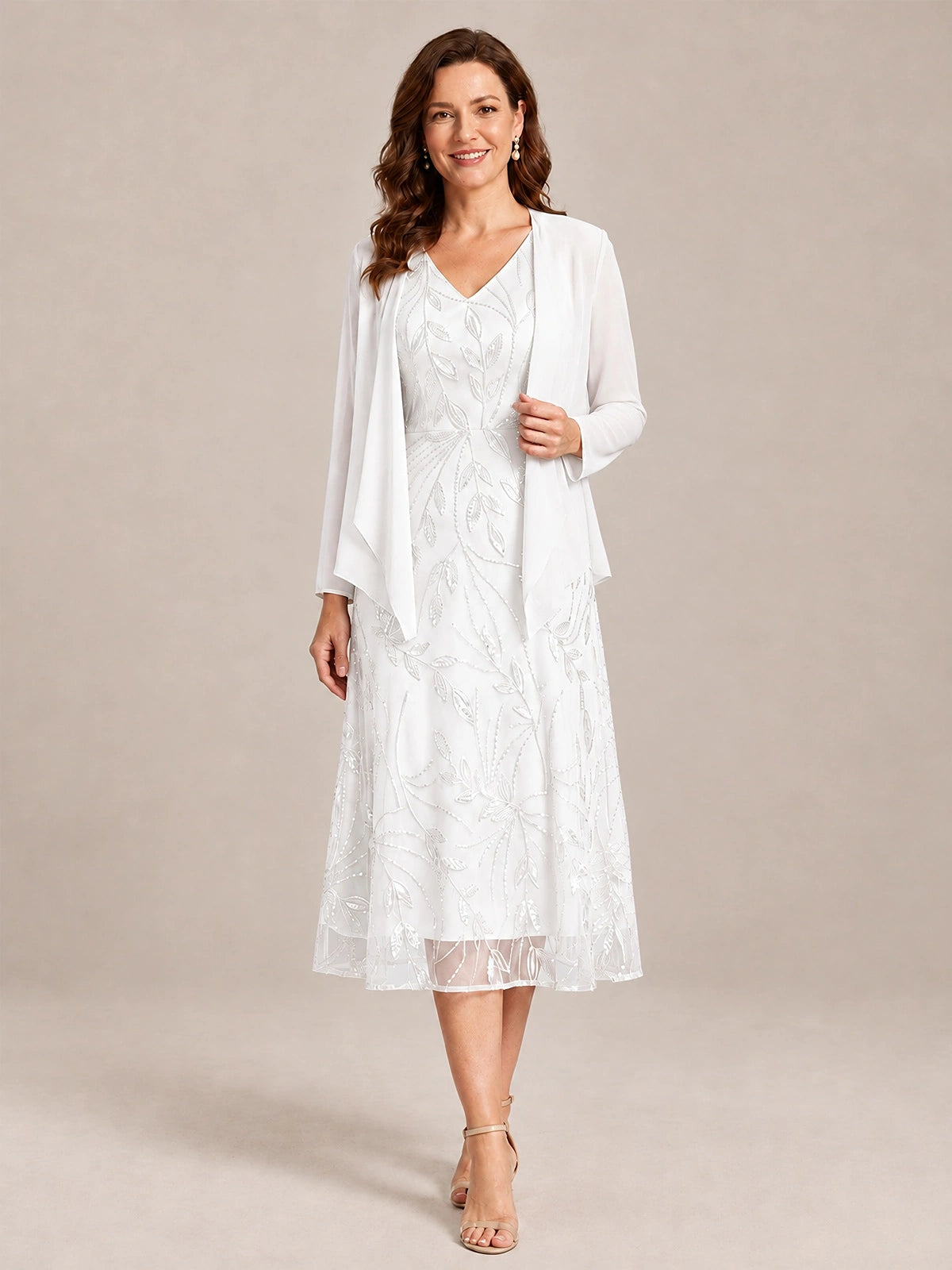 White-2 Piece Lace Appliques Chiffon Mother of The Bride Dress with Sequin
