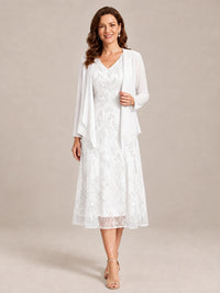 White-2 Piece Lace Appliques Chiffon Mother of The Bride Dress with Sequin