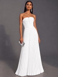 White Strapless Pleated Satin Prom Dress Long Formal Gown Evening Dress