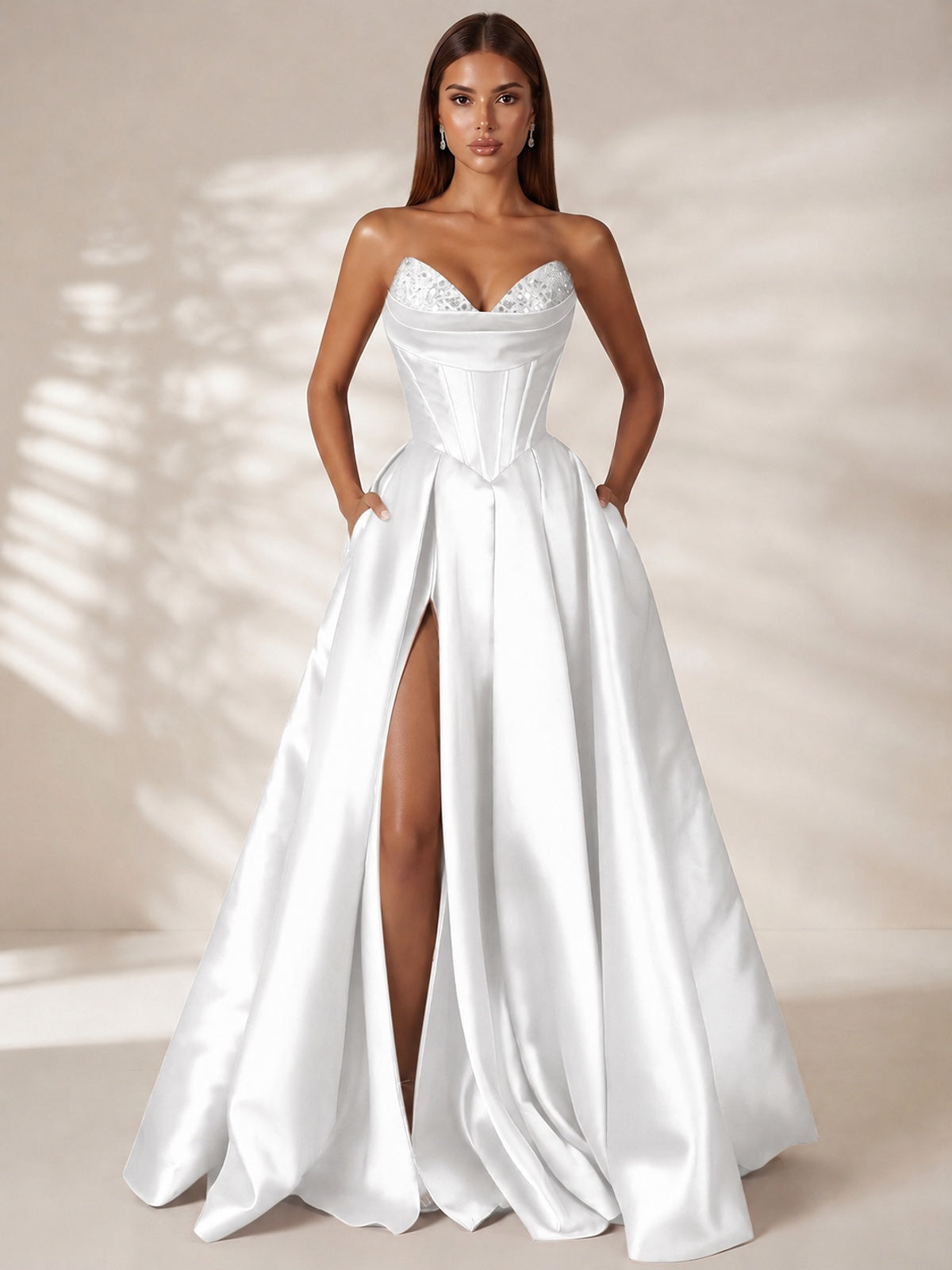 White Strapless Corset Satin Prom Dress Long Evening Gown with High Slit