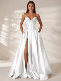 White Strapless Corset Satin Prom Dress Long Evening Gown with High Slit