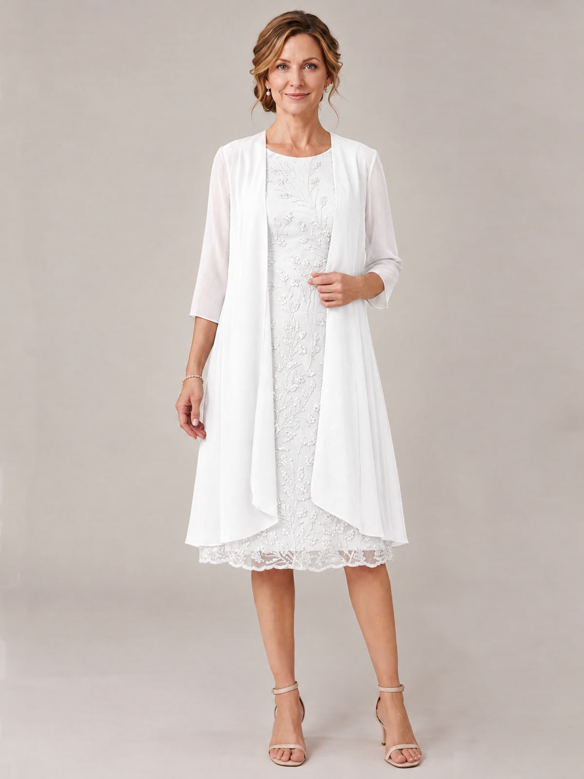 White-2 Piece Lace Appliques Chiffon Mother of The Bride Dress with Sequin