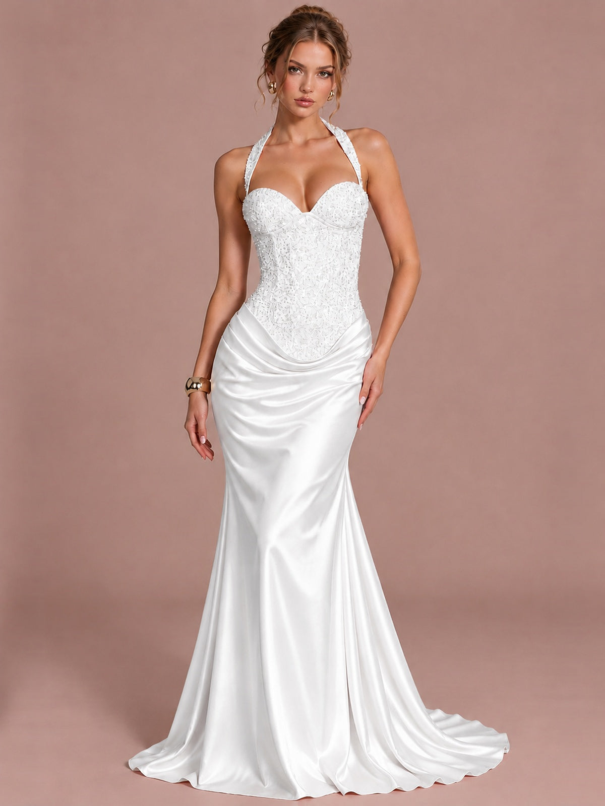 White Sparkling Halter Corset Satin Mermaid Prom Dress Long Ruched Sequin Formal Gown Evening Party Dress