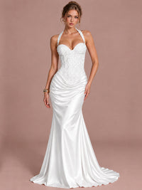 White Sparkling Halter Corset Satin Mermaid Prom Dress Long Ruched Sequin Formal Gown Evening Party Dress