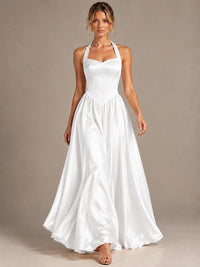 Light Yellow Halter Neck Satin A-Line Maxi Dress with Pockets