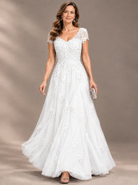 Lace Appliques A-line Mother of The Bride Dresses with Short Sleeves