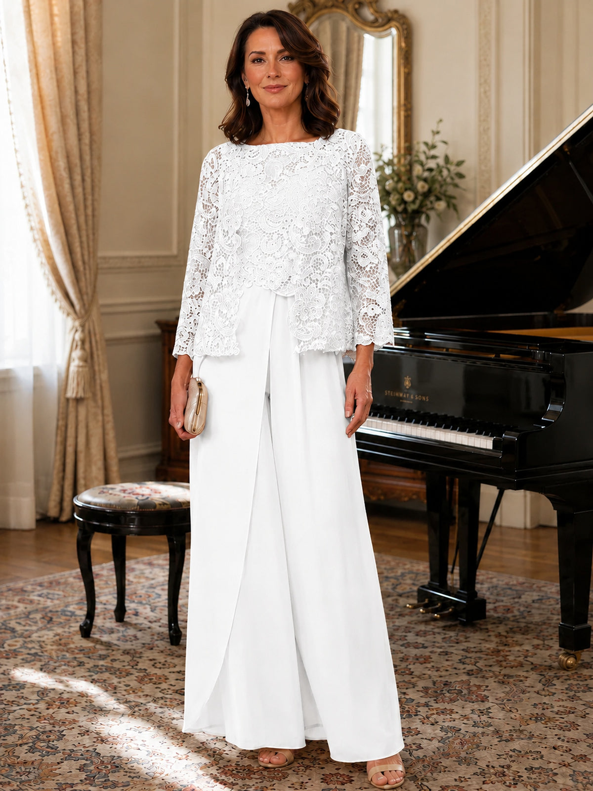 Elegant 3-Piece Chiffon Mother of the Bride Pantsuit with Floral Applique Jacket