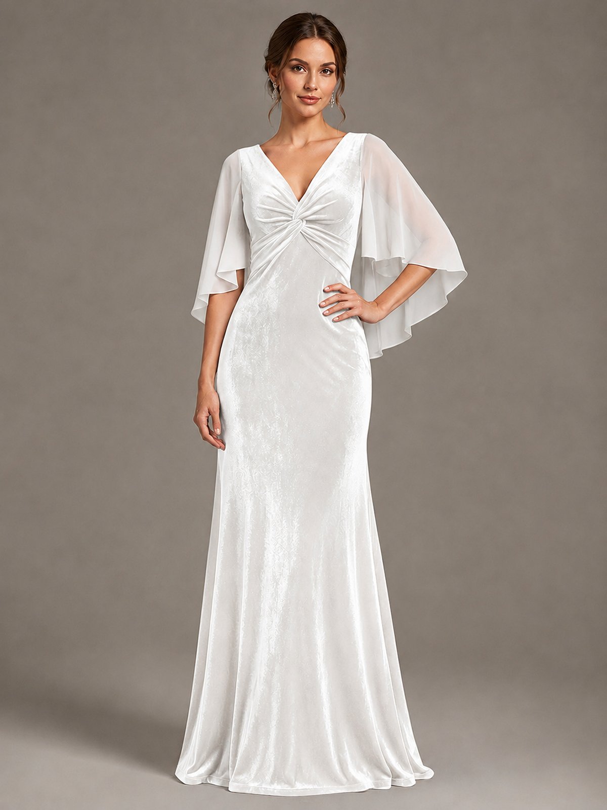 Navy Blue Velvet V Neck Mermaid Formal Dress with Flutter Cape Sleeves