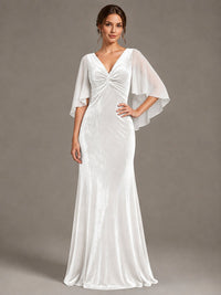 Navy Blue Velvet V Neck Mermaid Formal Dress with Flutter Cape Sleeves