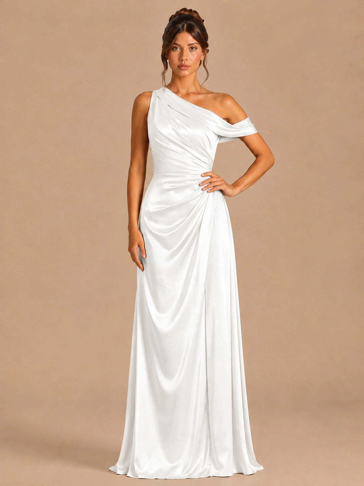 White-satin one shoulder prom dress ruched long formal gow Jovelle