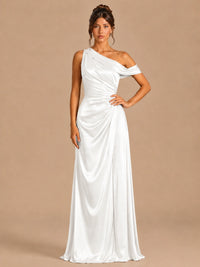 White-satin one shoulder prom dress ruched long formal gow Jovelle