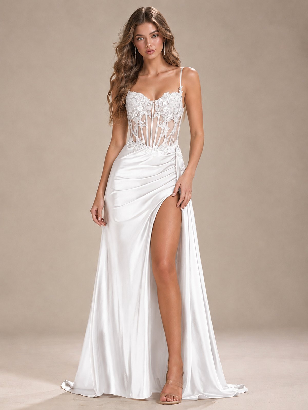 Mermaid Satin Prom Dress with Floral Appliqué Corset and High Slit