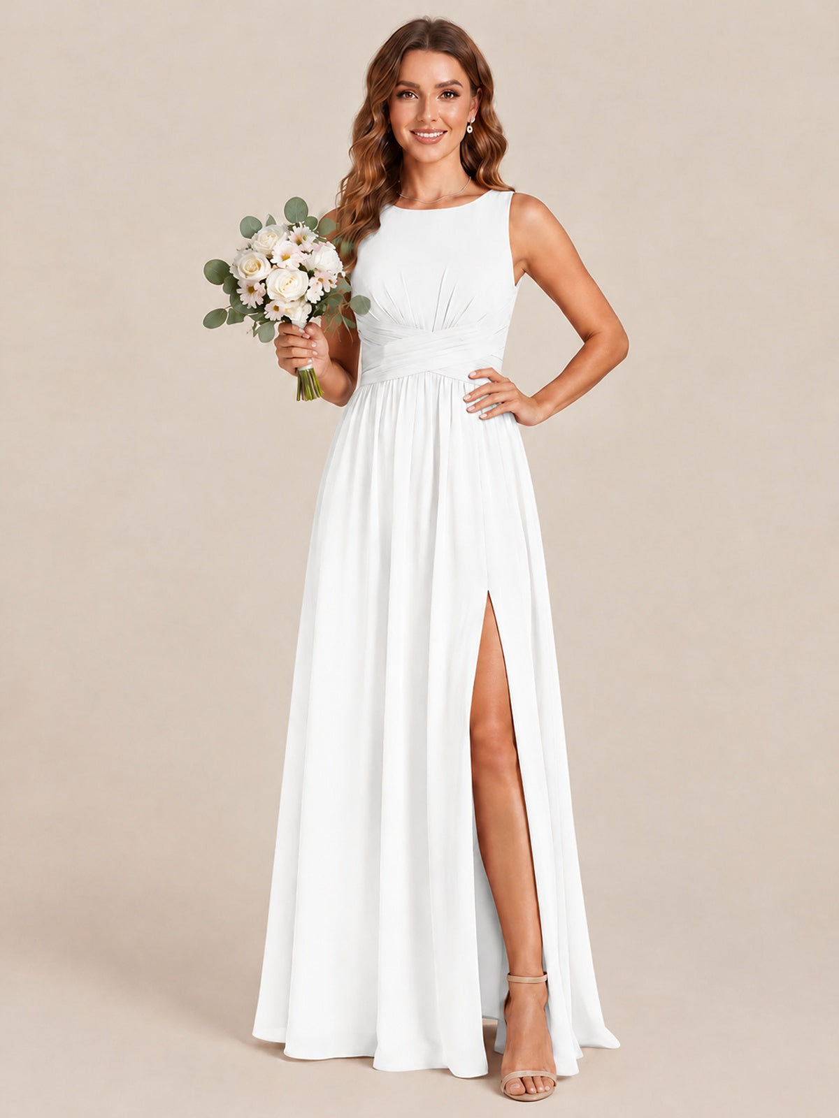 A-line Sleeveless Rucehd Chiffon Bridesmaid Dress with High Slit