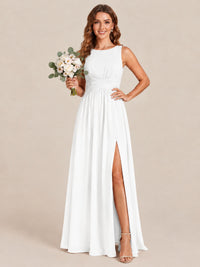 A-line Sleeveless Rucehd Chiffon Bridesmaid Dress with High Slit