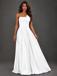 Draped Satin Prom Dress Strapless A-line Formal Dress Floor Length