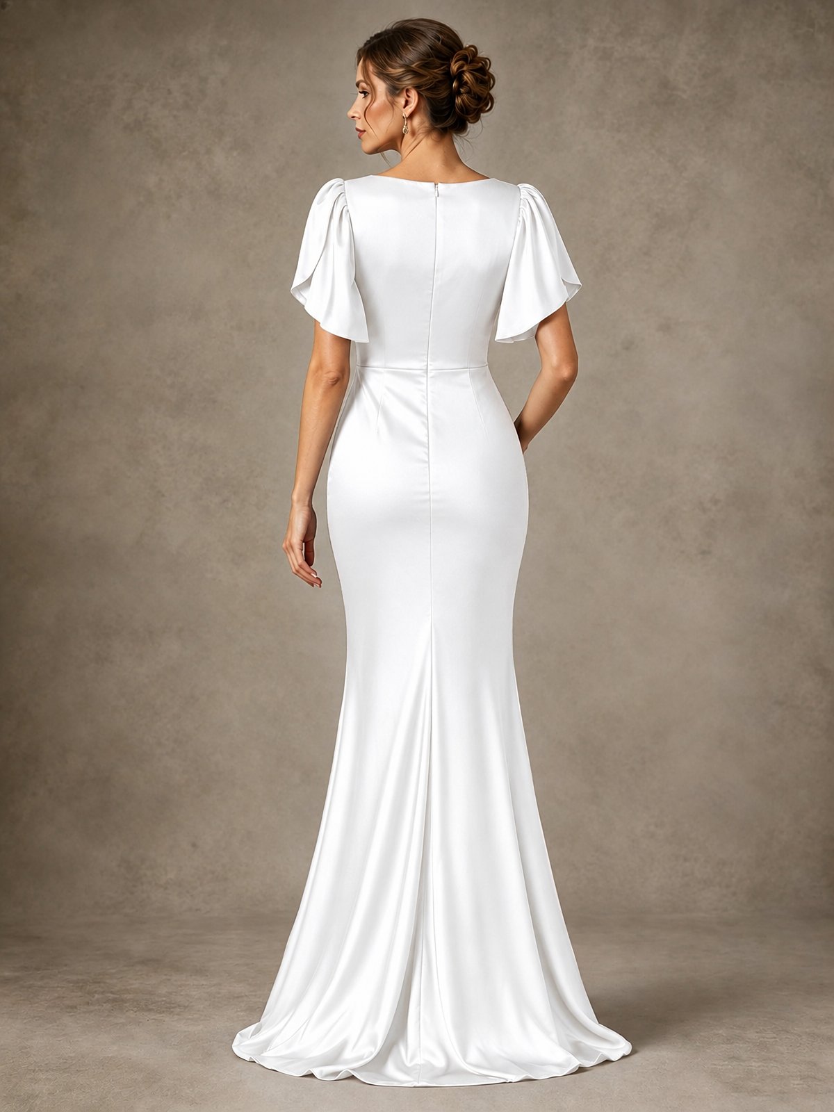 V-Neck Satin Mother of the Bride Dress with Flutter Sleeves