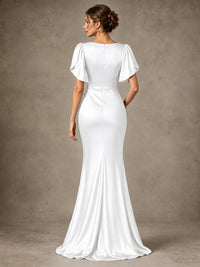 V-Neck Satin Mother of the Bride Dress with Flutter Sleeves
