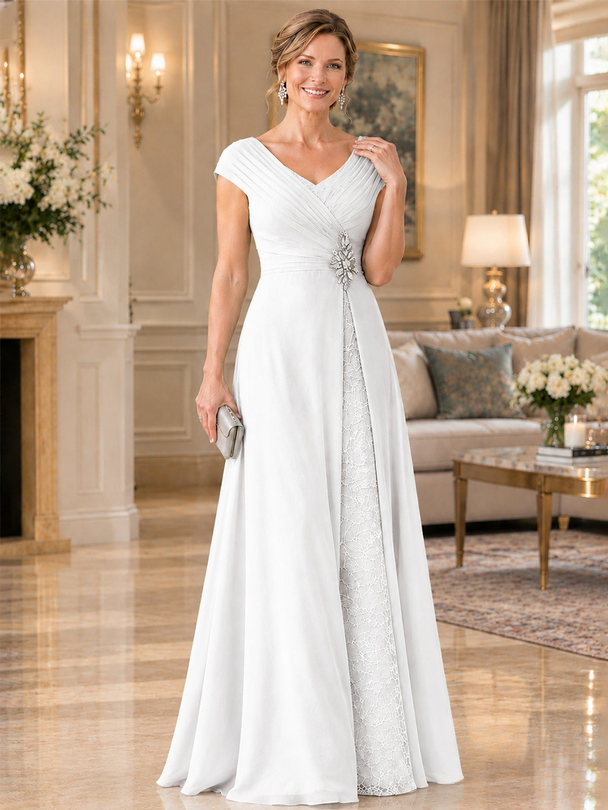 Pleated Chiffon Lace Mother of The Bride Dresses with Beading Cap Sleeves