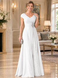 Pleated Chiffon Lace Mother of The Bride Dresses with Beading Cap Sleeves