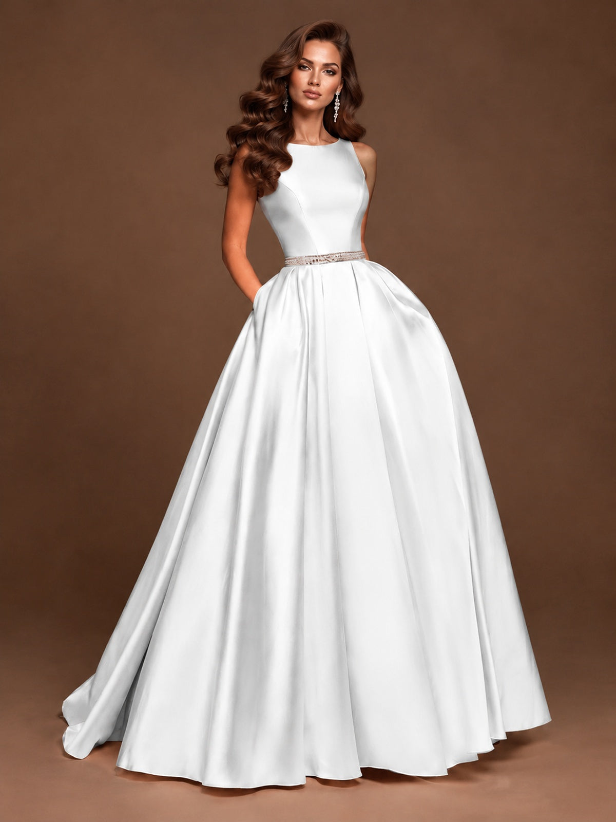Satin A-Line Prom Dress Sleeveless Beaded Waist Formal Gown with Pockets