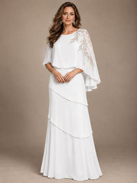 Elegant Chiffon Cape Sleeve Beaded Mother of the Bride Dress