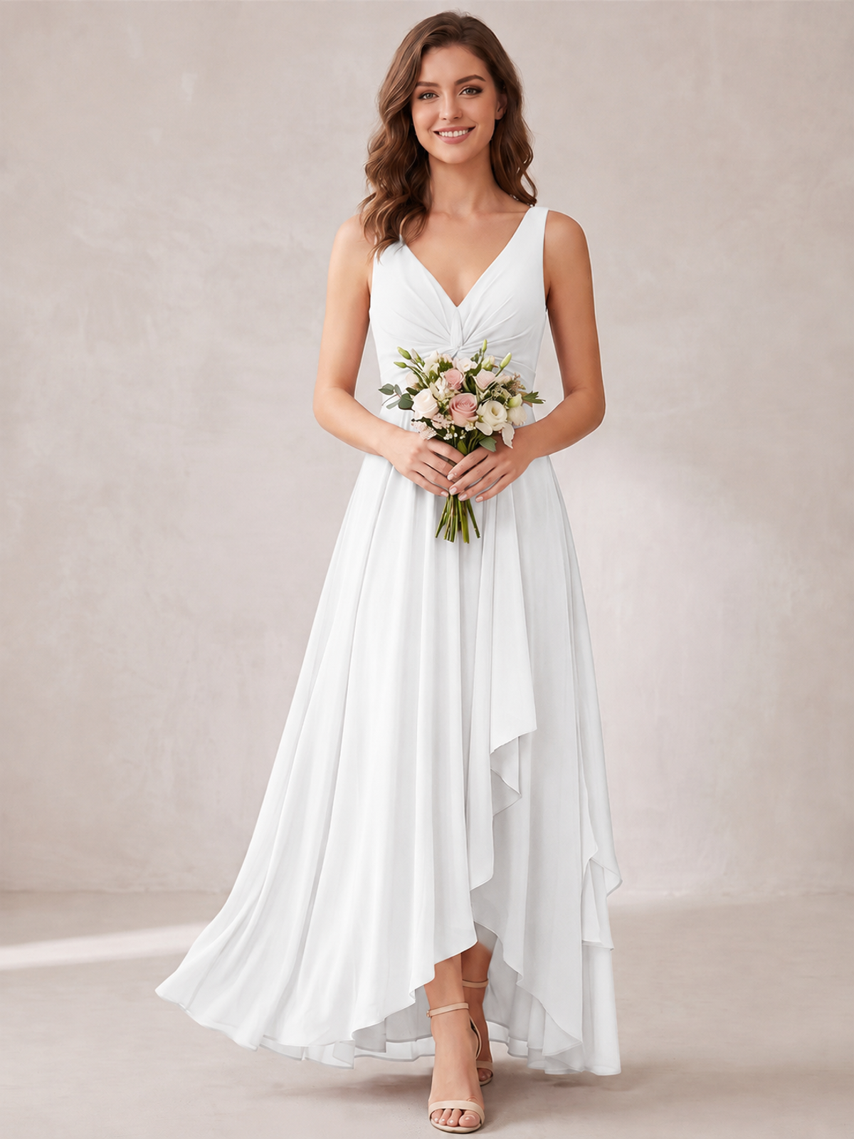 V-Neck High-Low Chiffon Bridesmaid Dress with Ruffles