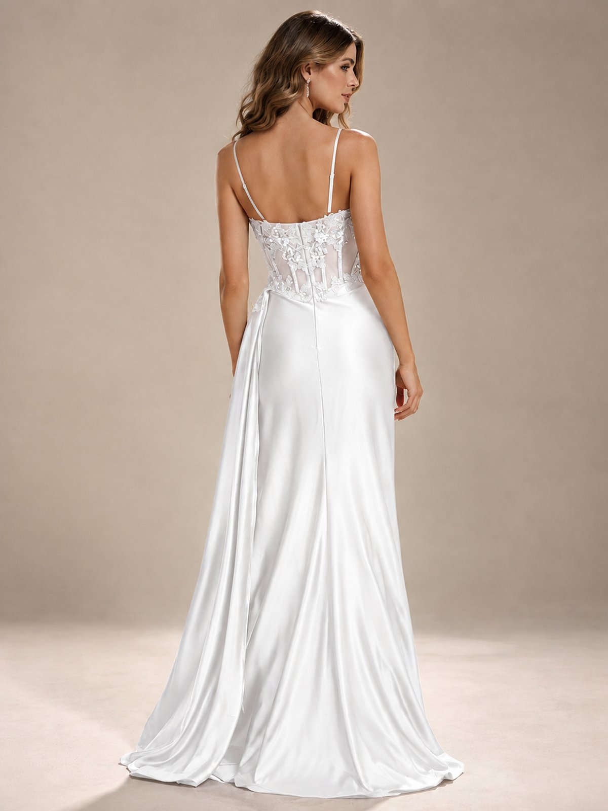 Mermaid Satin Prom Dress with Floral Appliqué Corset and High Slit
