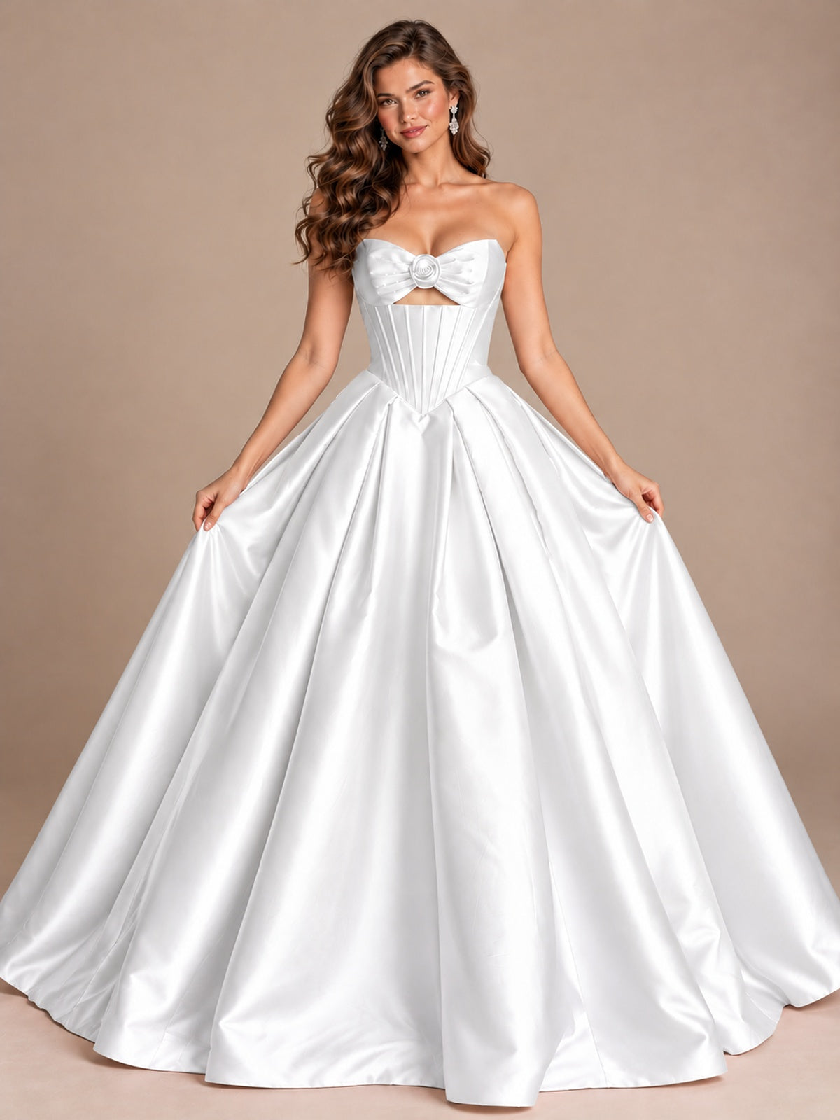 Pink Strapless Corset Satin Prom Derss & Ball Gown with 3D Floral