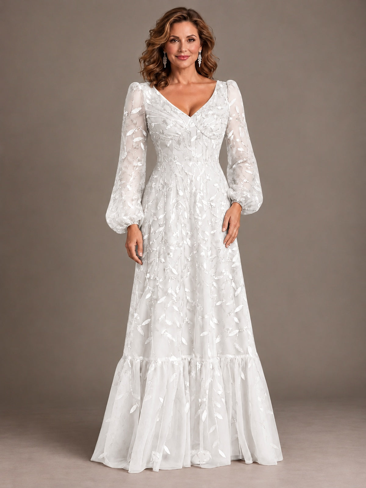 Floral Sequin Embroidered A-Line Mother of the Bride Dress with Long Sleeves