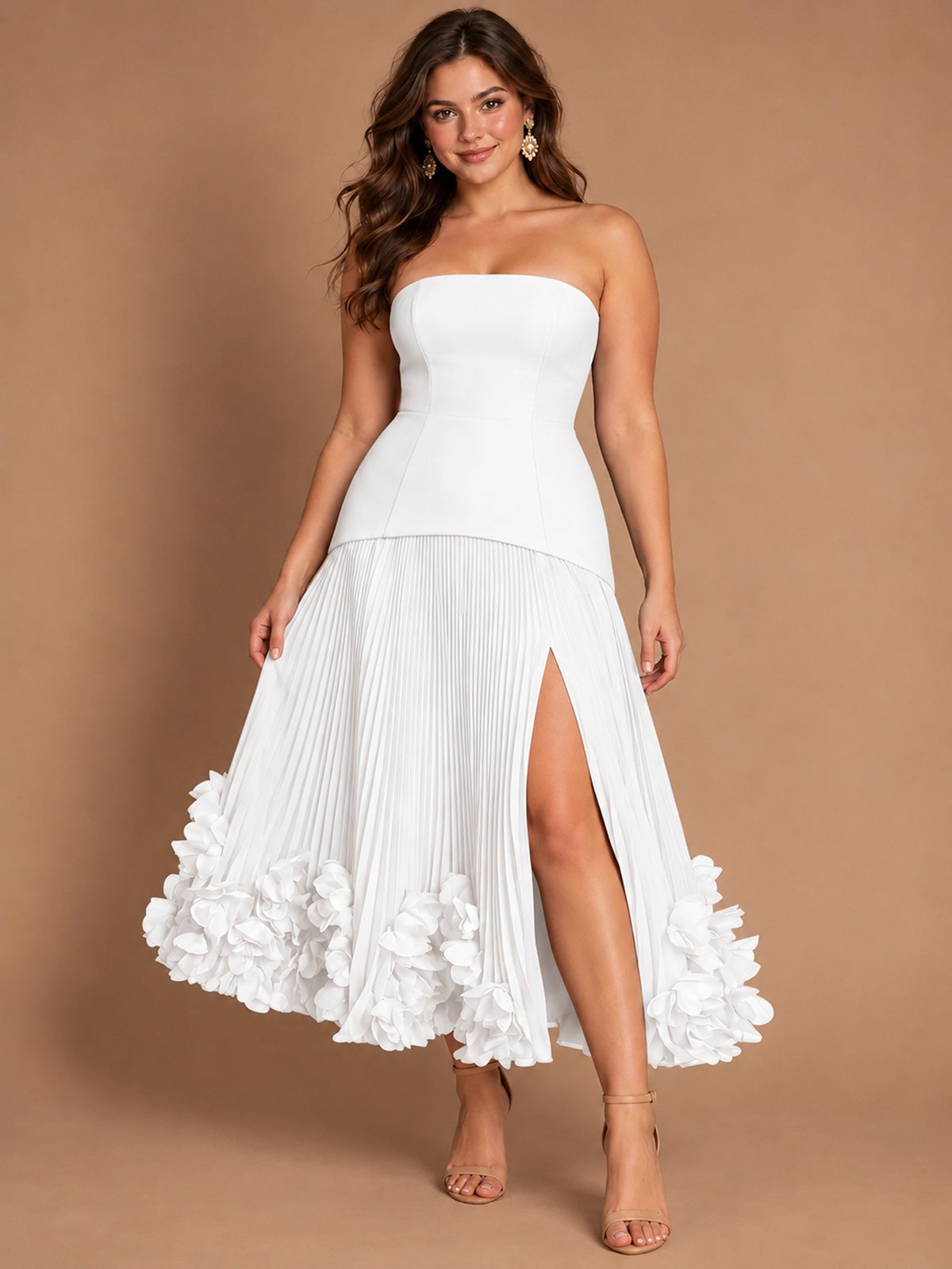 Navy Blue Strapless Pleated A-Line Midi Dress with 3D Floral Applique