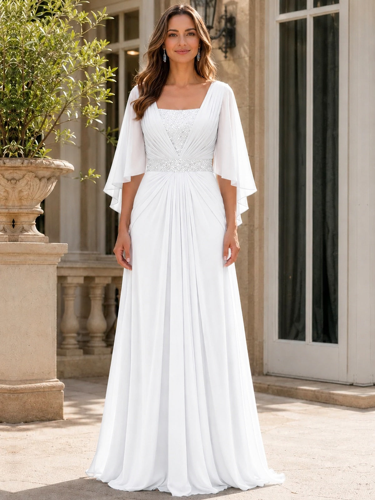 Elegant V-Neck Sequined Chiffon Mother of the Bride Dress with Flutter Sleeves