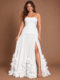Strapless Pleated Floral Satin Formal Dress with Side Slit
