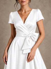 V-Neck Tea-Length Satin Mother of the Bride Dress with Bow