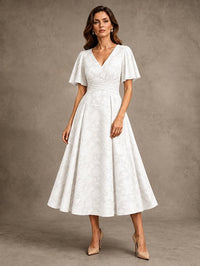 V-Neck Floral Jacquard Tea-Length Mother of the Bride Dress