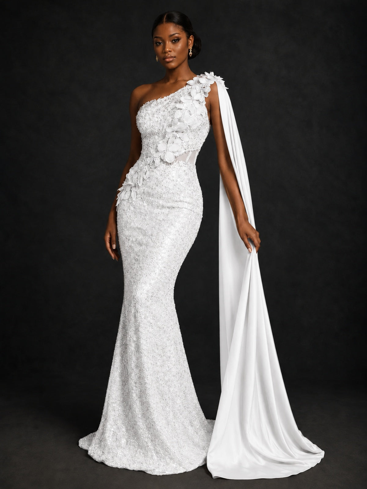 Gold Sequin One Shoulder Mermaid Prom Dress with Cape