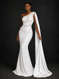 Gold Sequin One Shoulder Mermaid Prom Dress with Cape