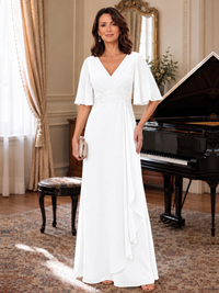 White V-Neck Chiffon Lace Mother of the Bride Dresses with Flutter Sleeve A-line Long Ruffled Evening Formal Wedding Guest Gown
