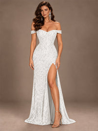 Off the Shoulder Corset Sequin Mermaid Prom Dress with Slit