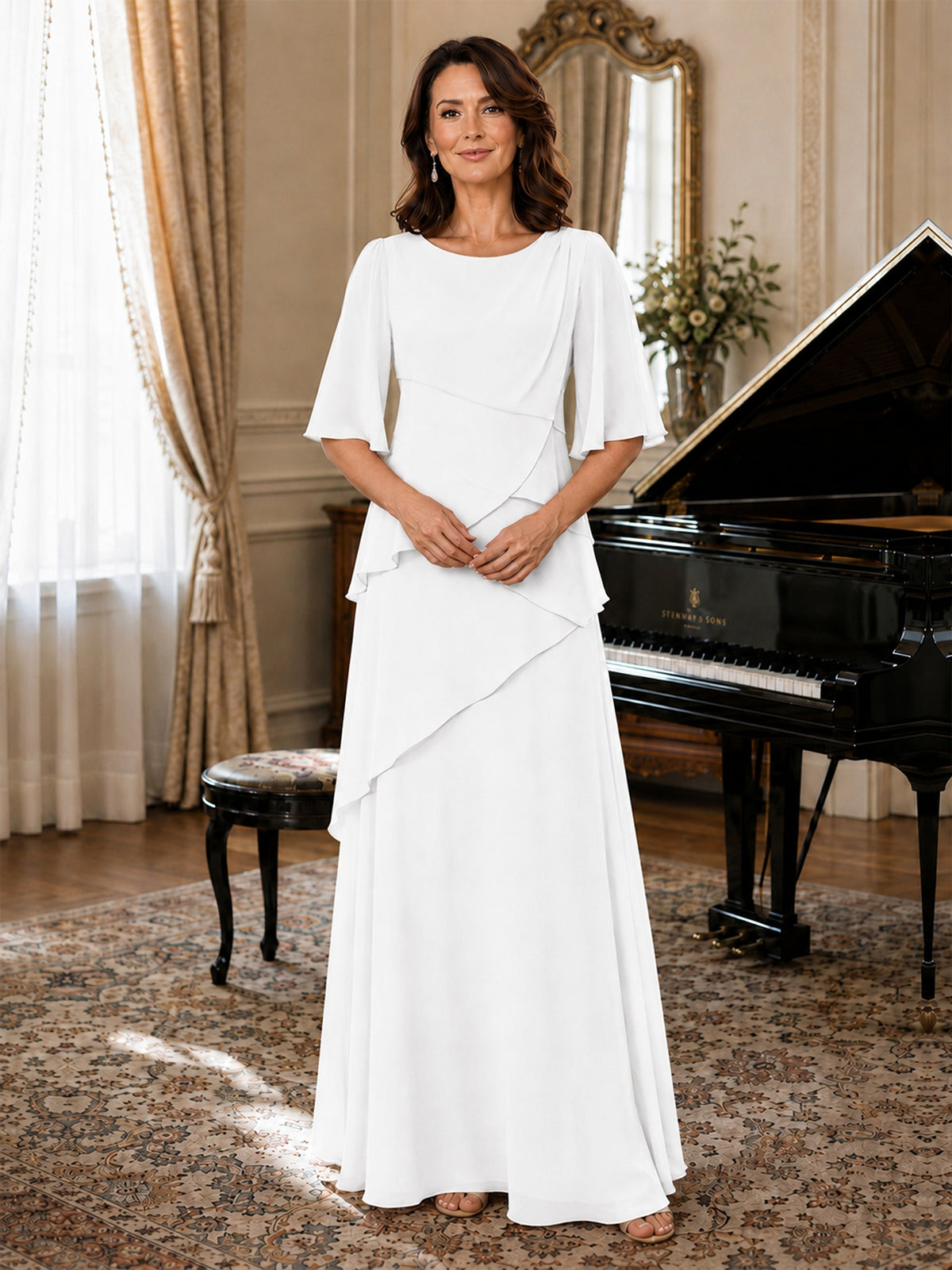 Asymmetric Draped Chiffon Mother of the Bride Dress with Flutter Sleeves