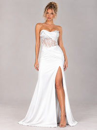Strapless Satin Prom Dress with Sheer Lace Corset & High Slit
