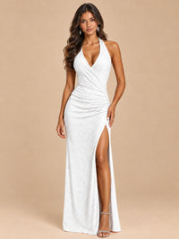 Halter V-Neck Sequin Mermaid Prom Dress with High Slit