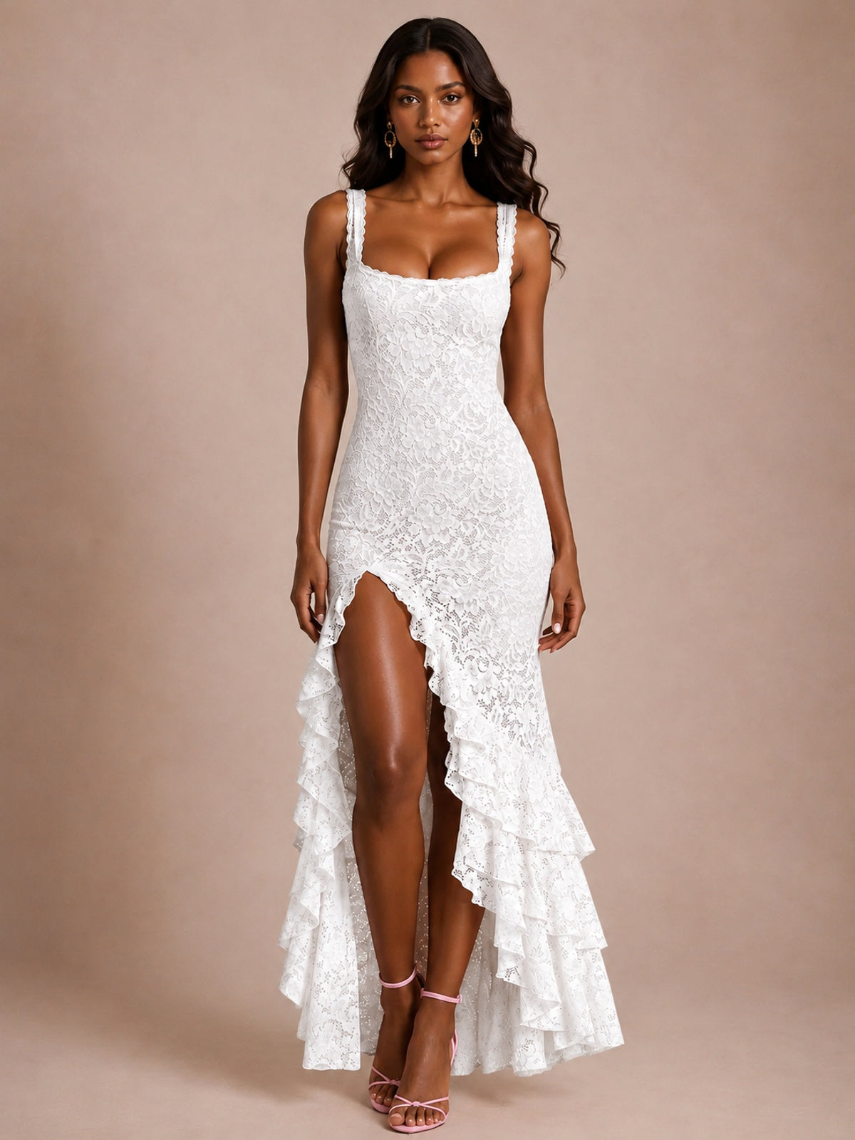Square-Neck Lace Ruffle High-Low Maxi Dress