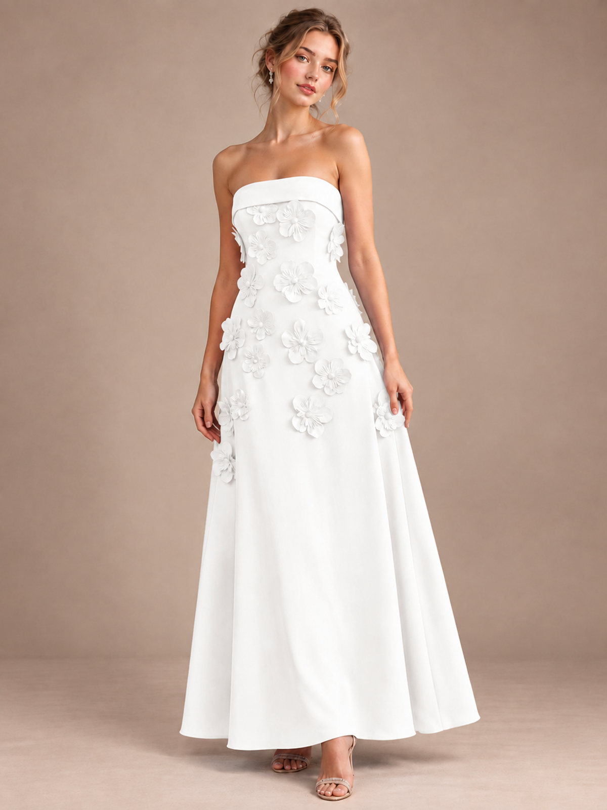 White Strapless 3D Floral Appliques Maxi Dress