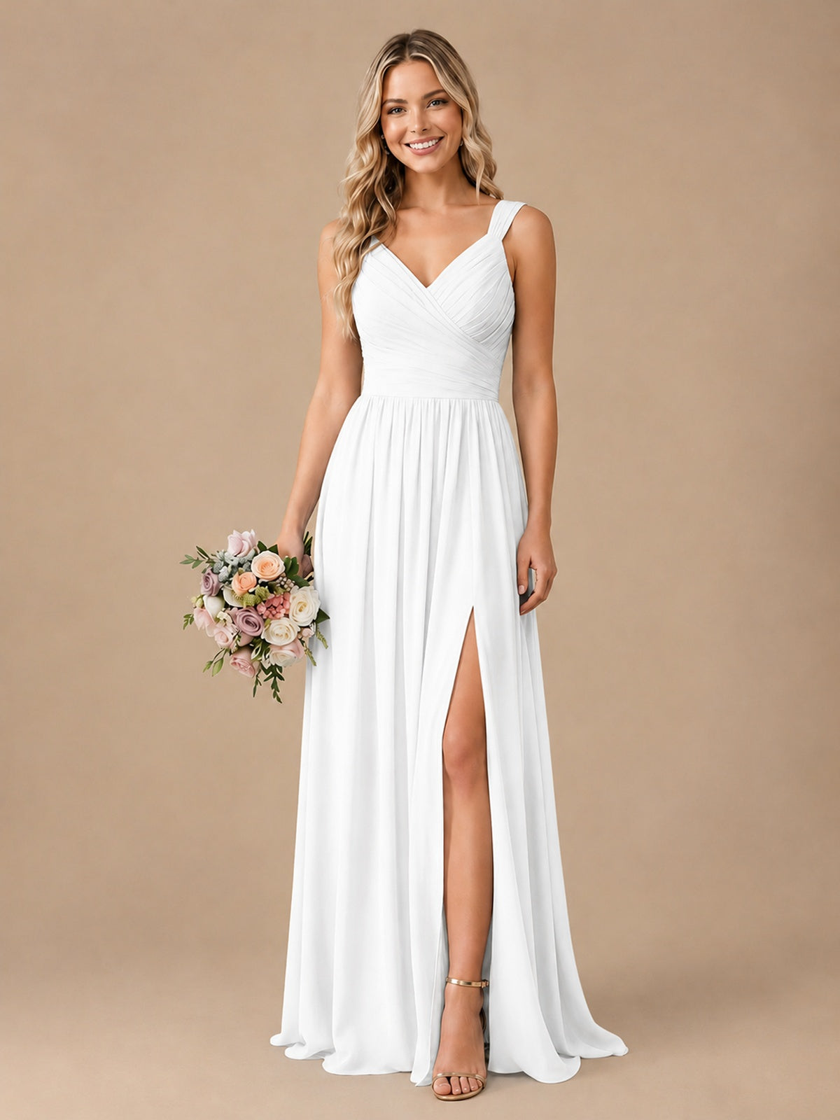 Pleated Chiffon V Neck Wedding Bridesmaid Dresses Floor Length with Slit