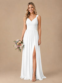 Pleated Chiffon V Neck Wedding Bridesmaid Dresses Floor Length with Slit